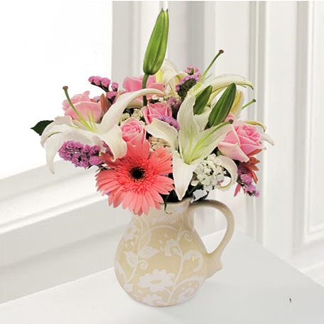 高档花瓶插花L----粉玫瑰+太阳花+百合，陶瓷花瓶
